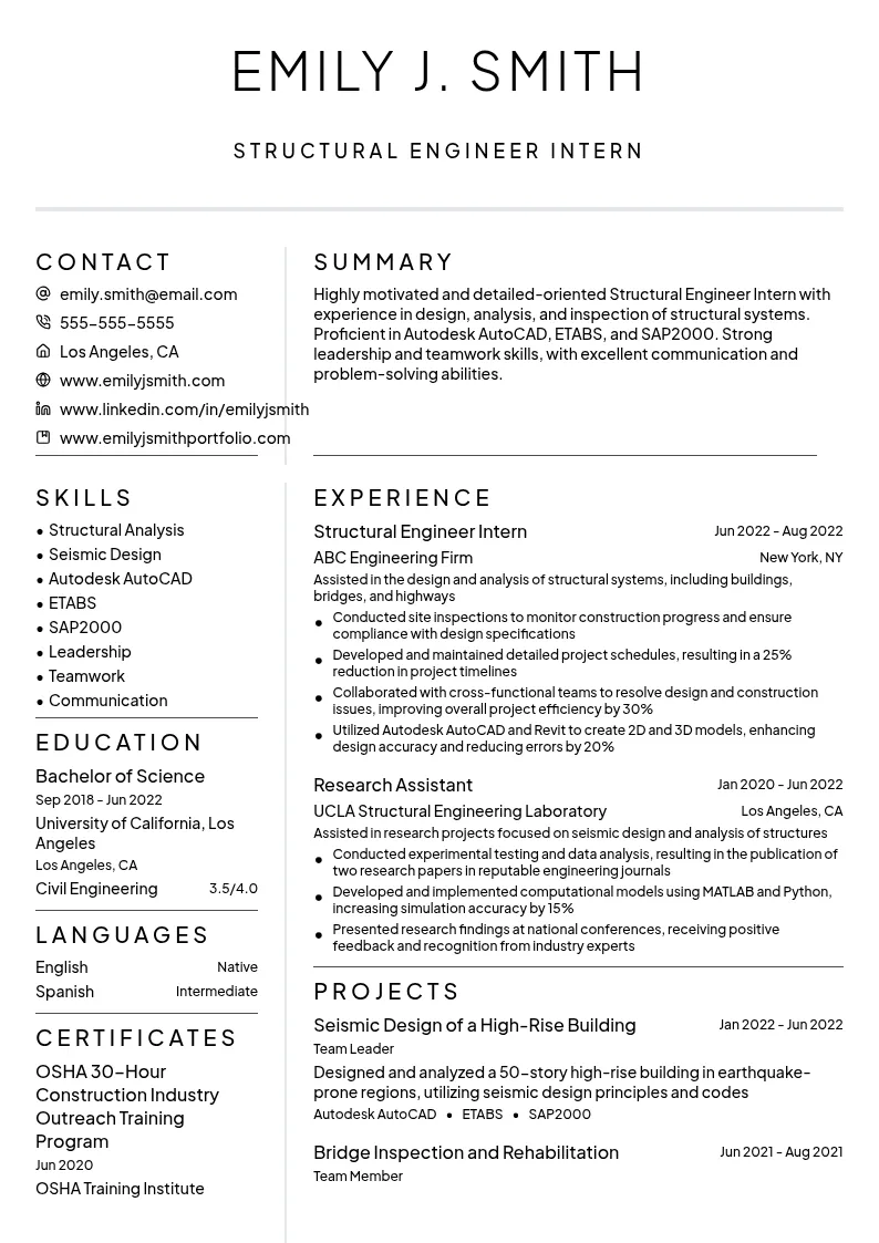 Structural Engineer Intern resume example