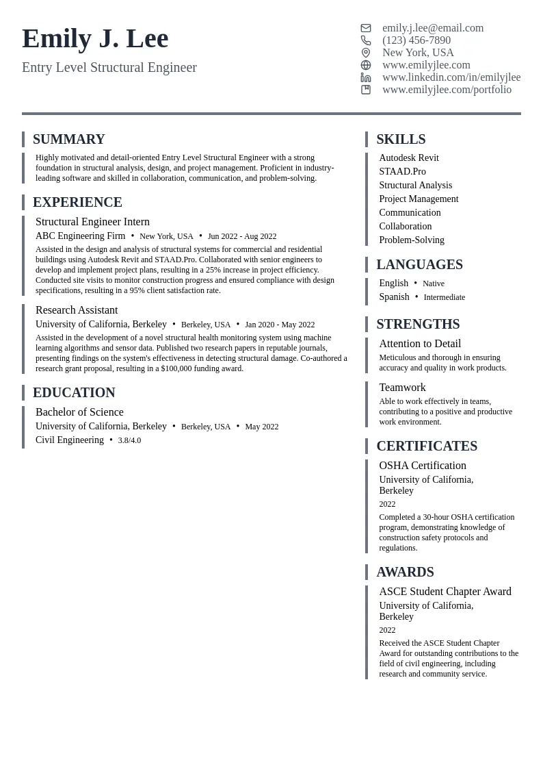 Entry Level Structural Engineer resume example