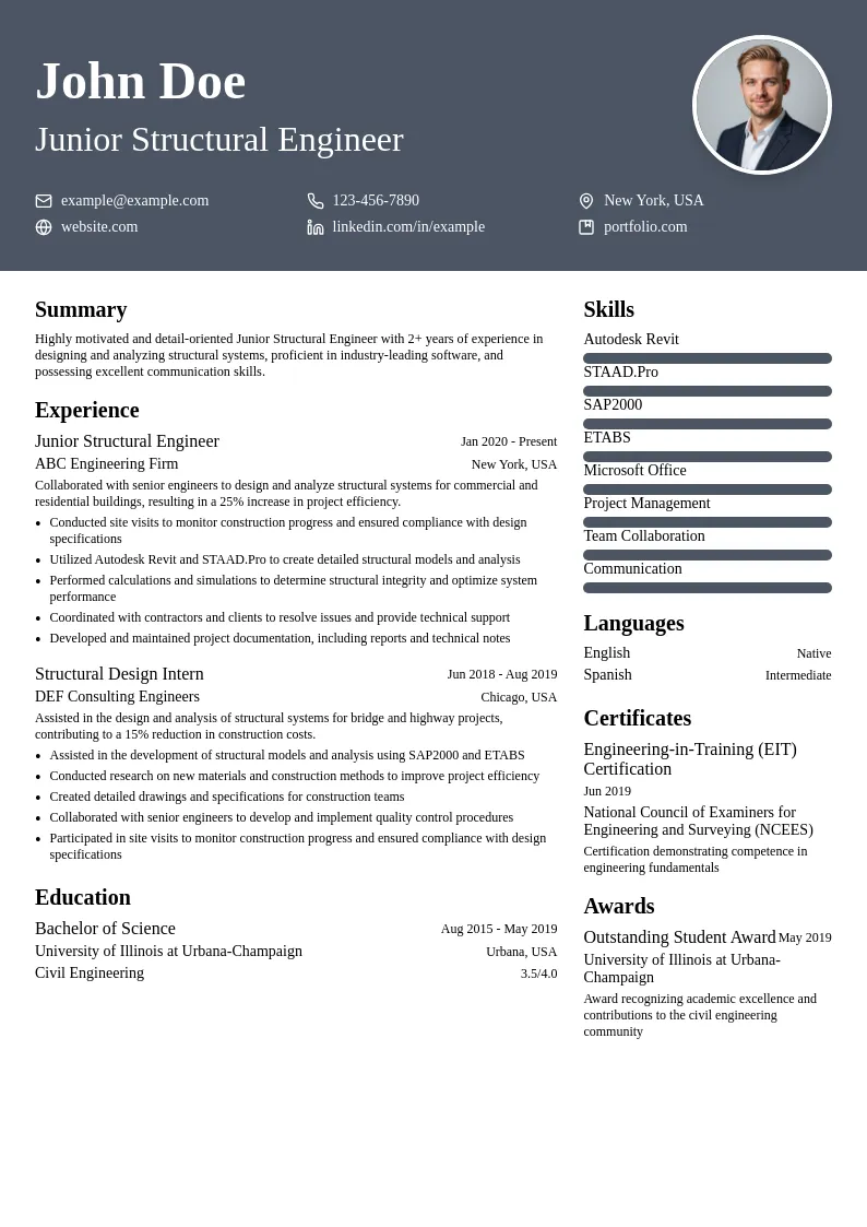 Junior Structural Engineer resume example