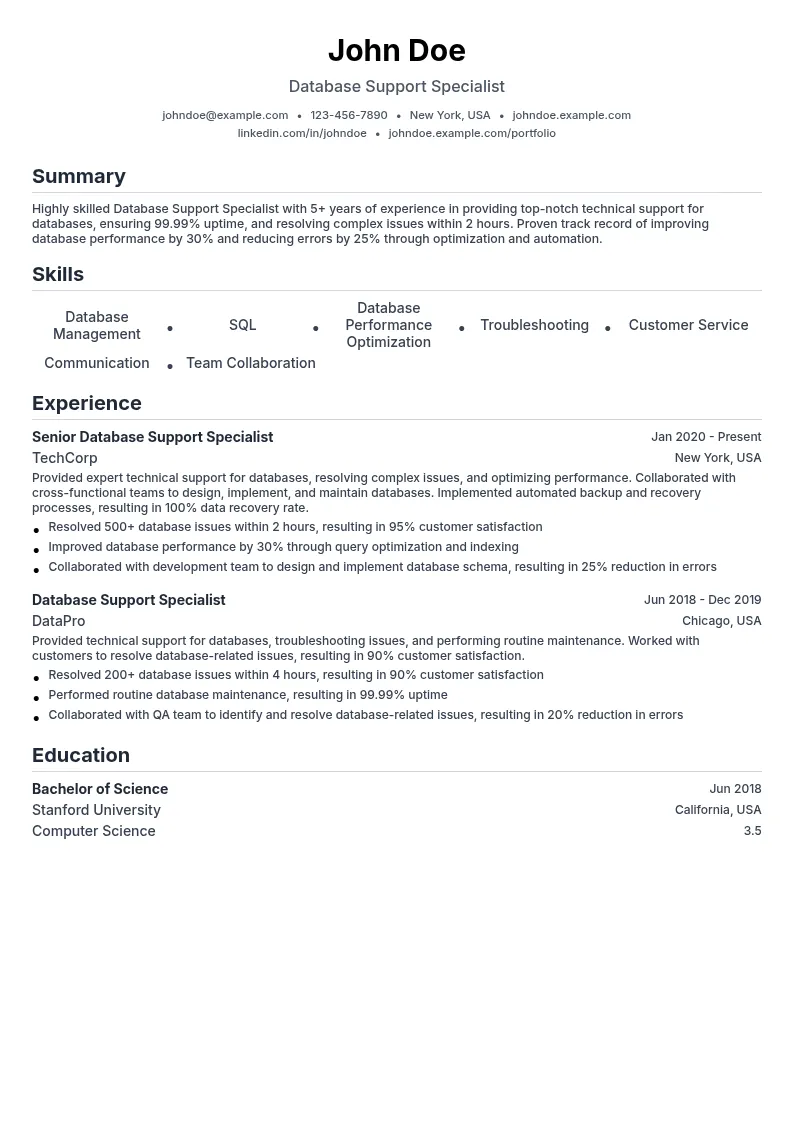 Database Support Specialist resume example