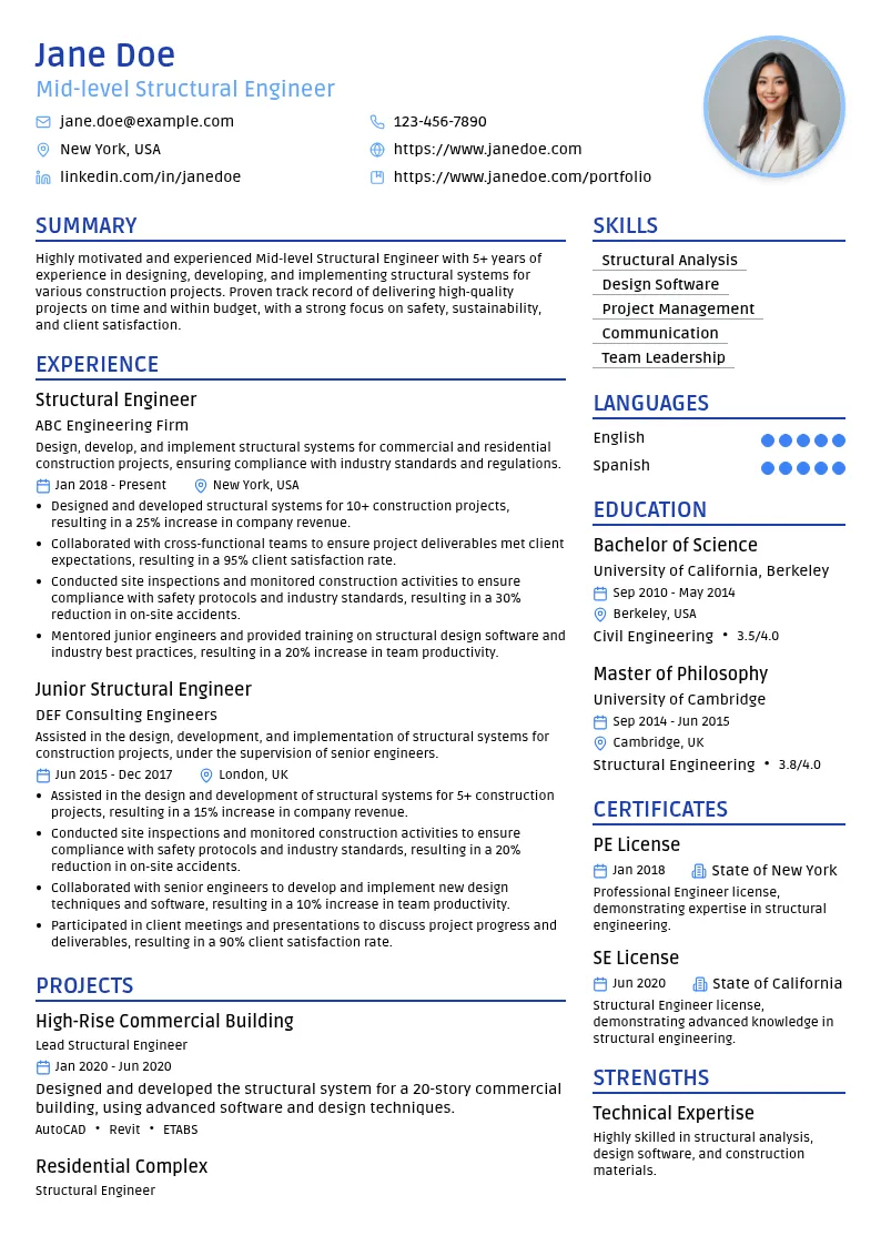 Mid-level Structural Engineer resume example