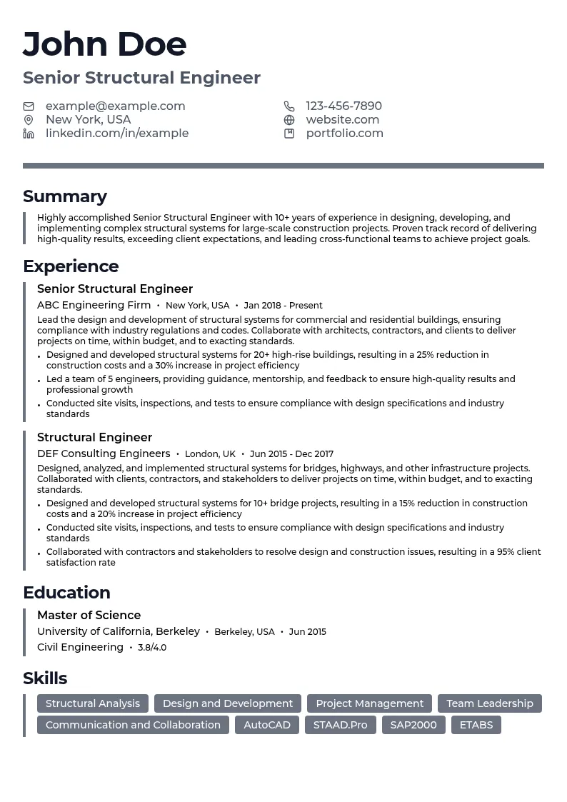 Senior Structural Engineer resume example