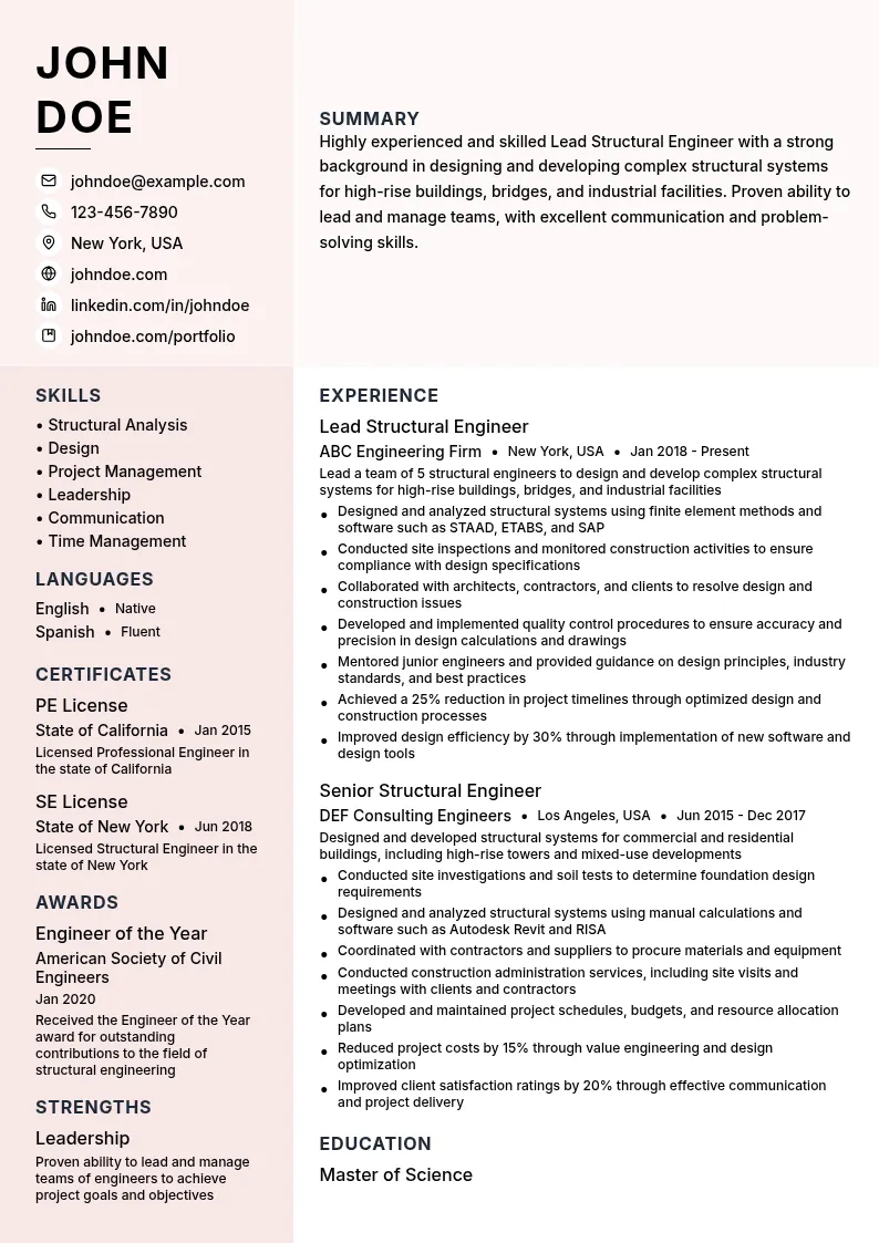 Lead Structural Engineer resume example