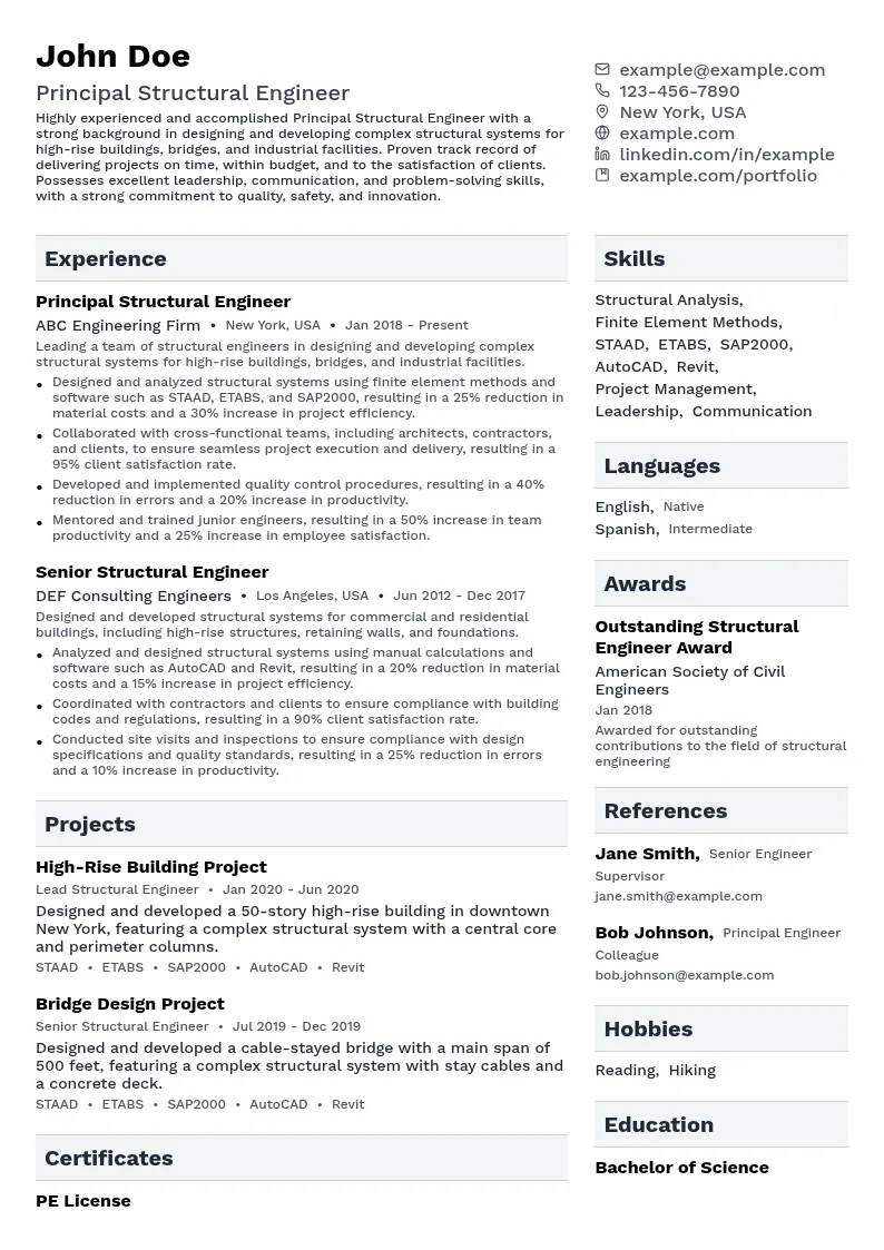 Principal Structural Engineer resume example