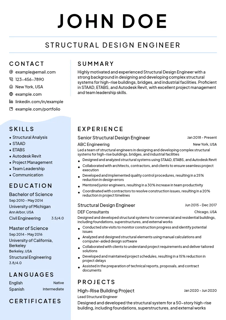 Structural Design Engineer resume example