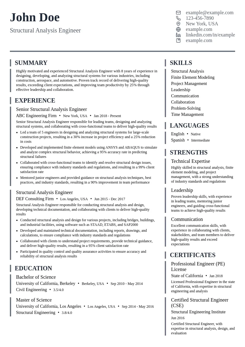 Structural Analysis Engineer resume example