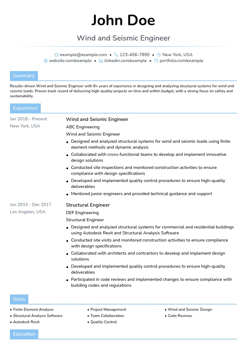 Wind and Seismic Engineer resume example