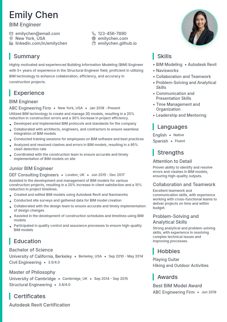 Building Information Modeling (BIM) Engineer resume example