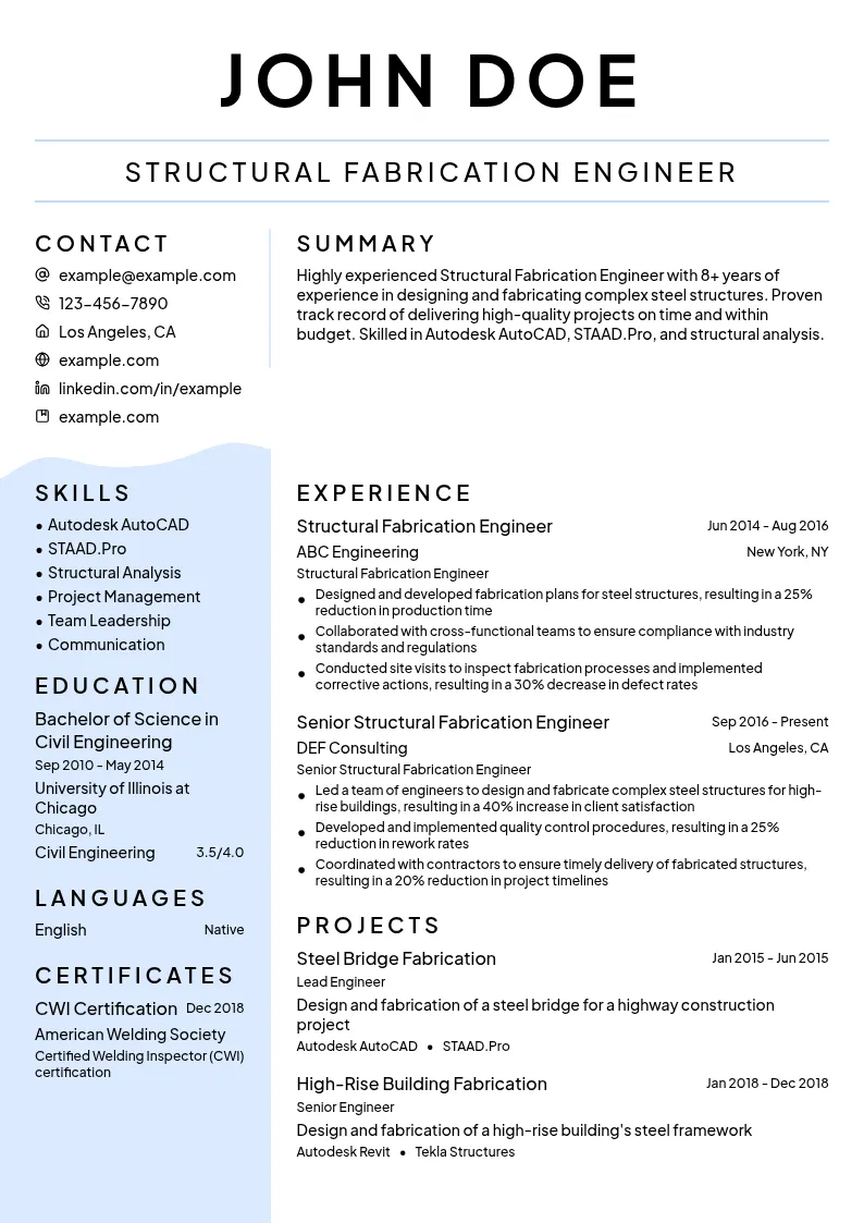 Structural Fabrication Engineer resume example