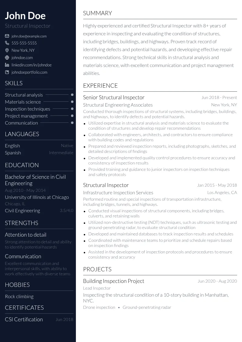 Structural Inspector resume example