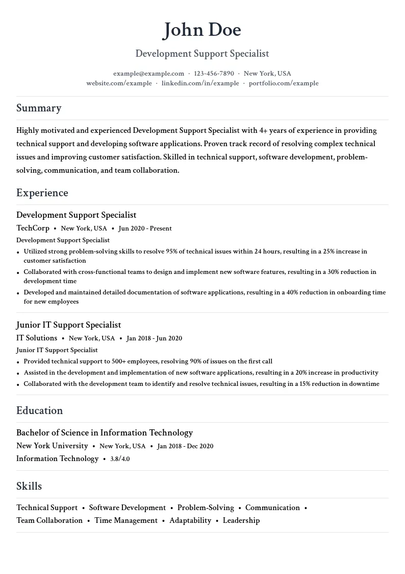 Development Support Specialist resume example