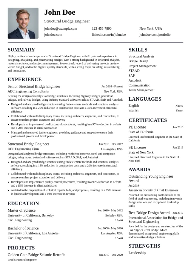 Structural Bridge Engineer resume example