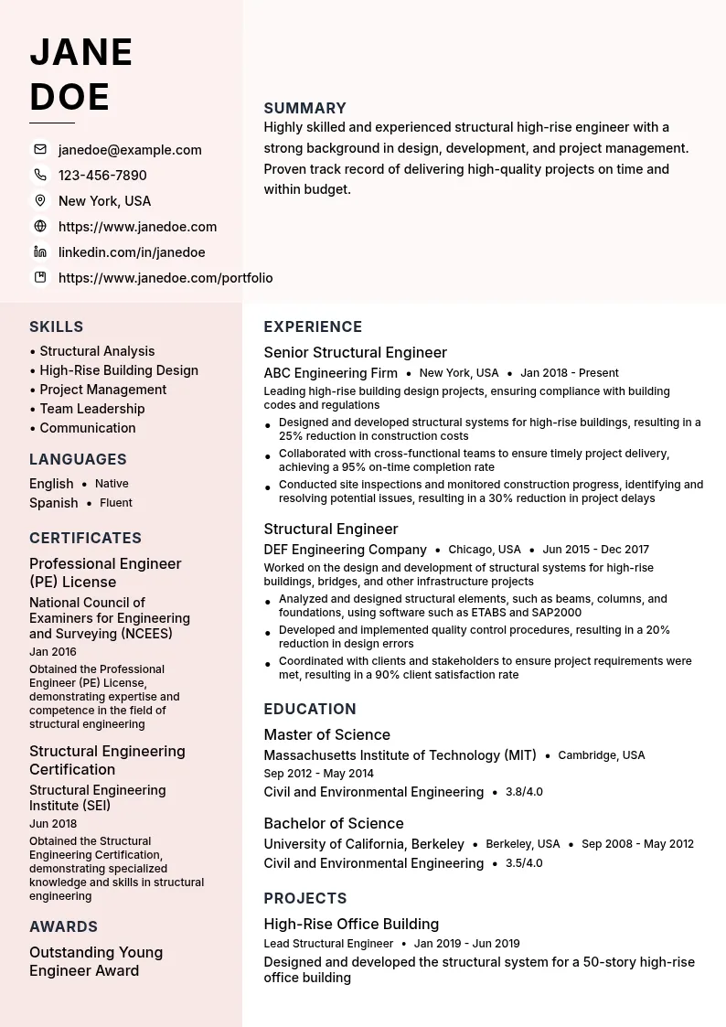 Structural High-Rise Engineer resume example