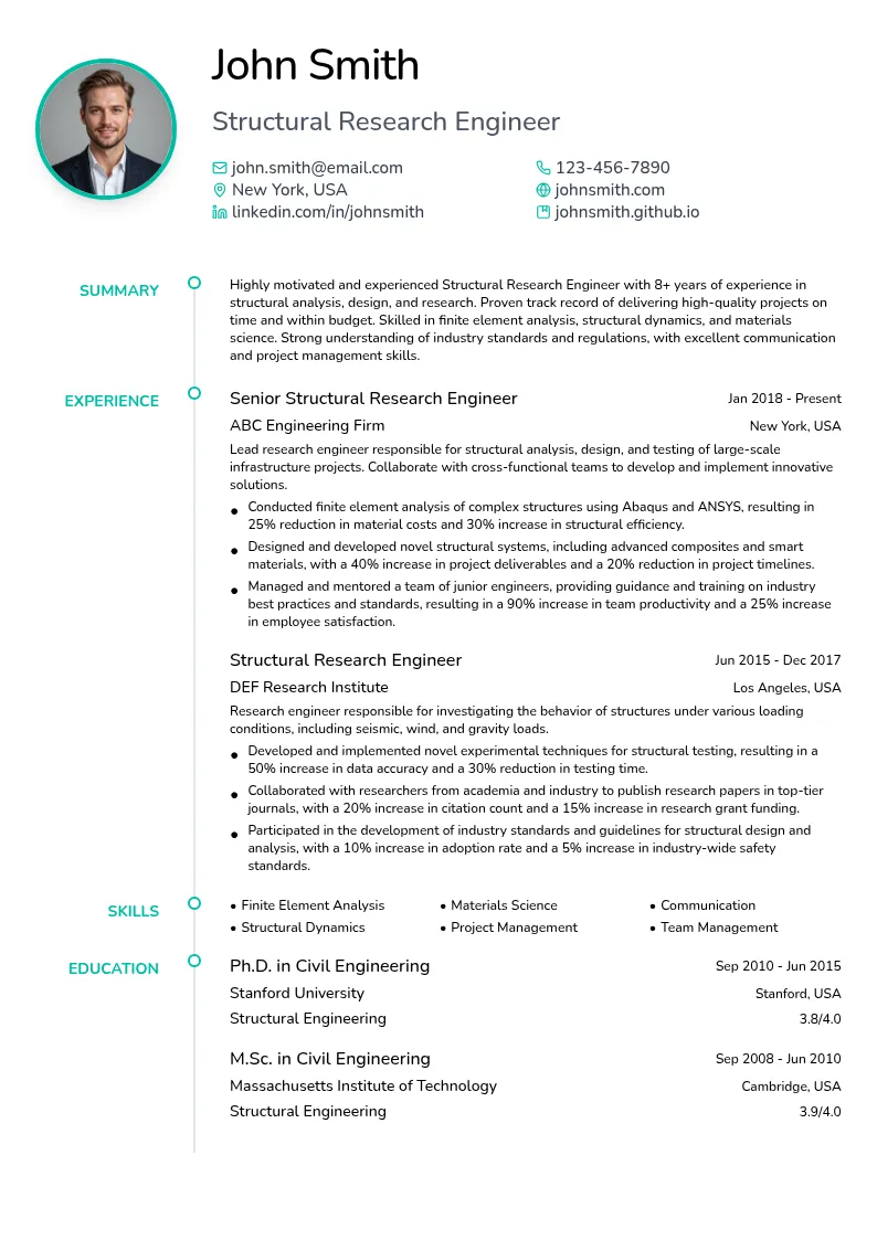 Structural Research Engineer resume example