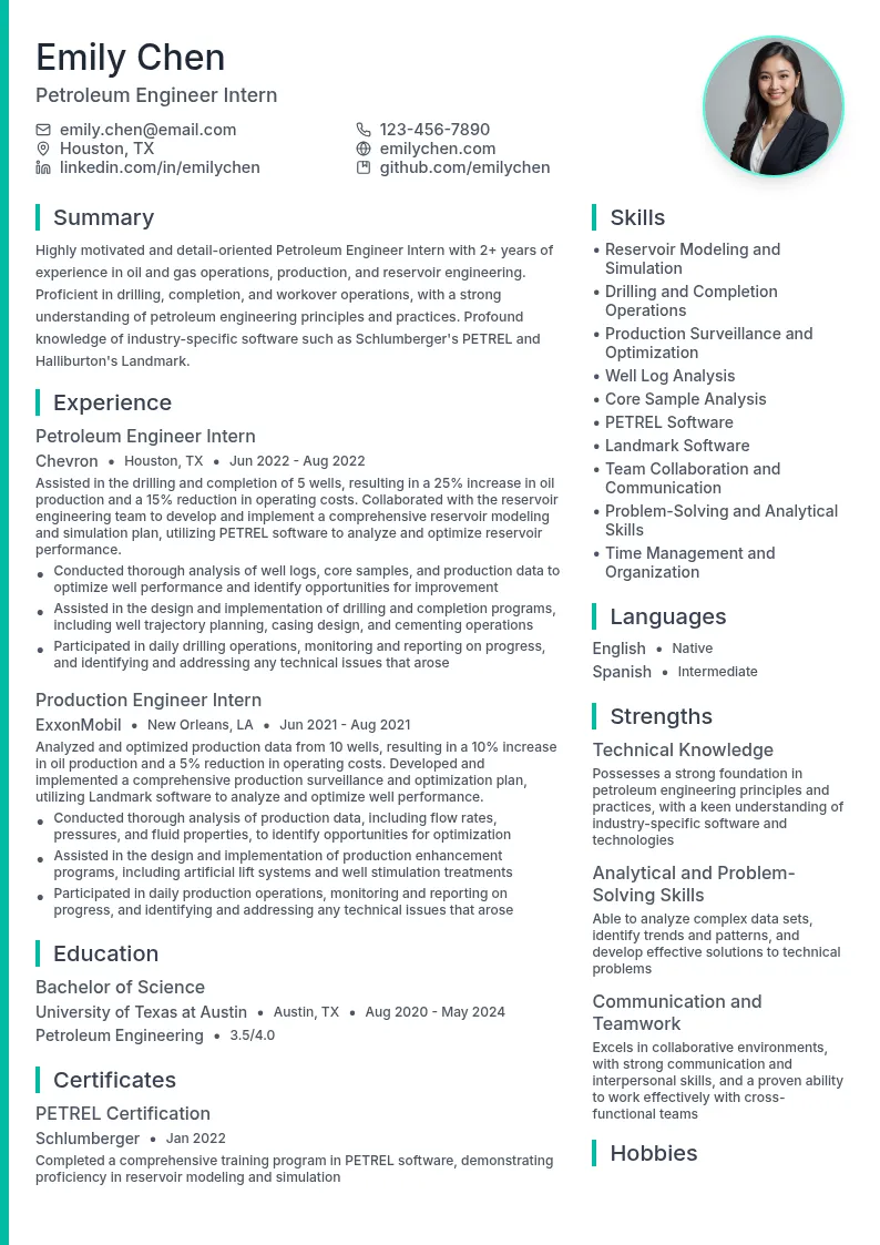Petroleum Engineer Intern resume example