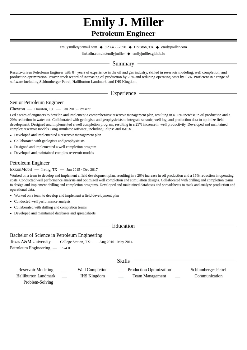 Petroleum Engineer resume example
