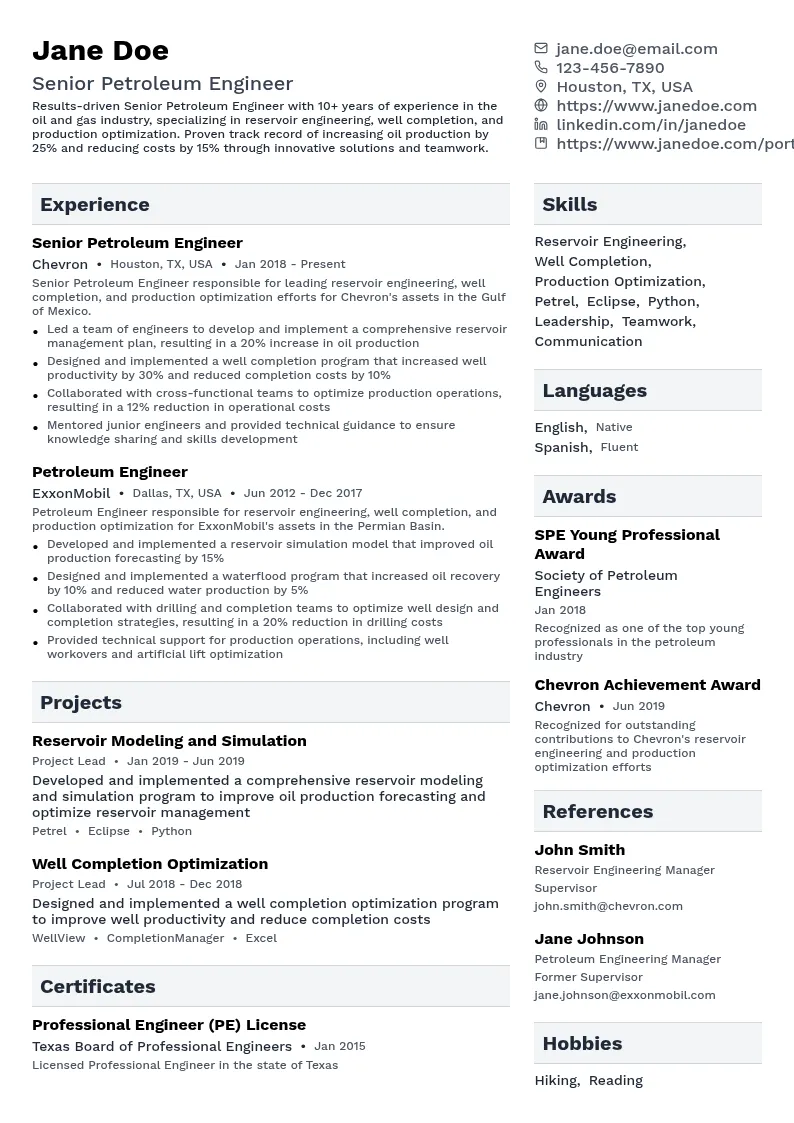 Senior Petroleum Engineer resume example