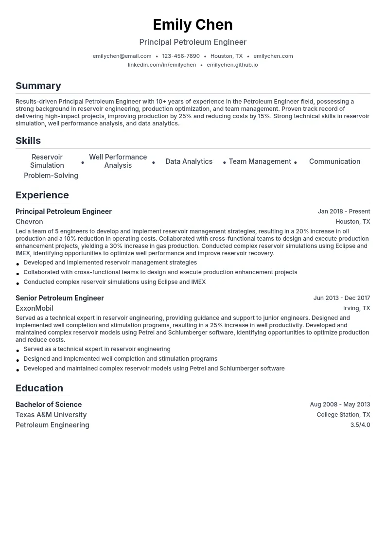Principal Petroleum Engineer resume example