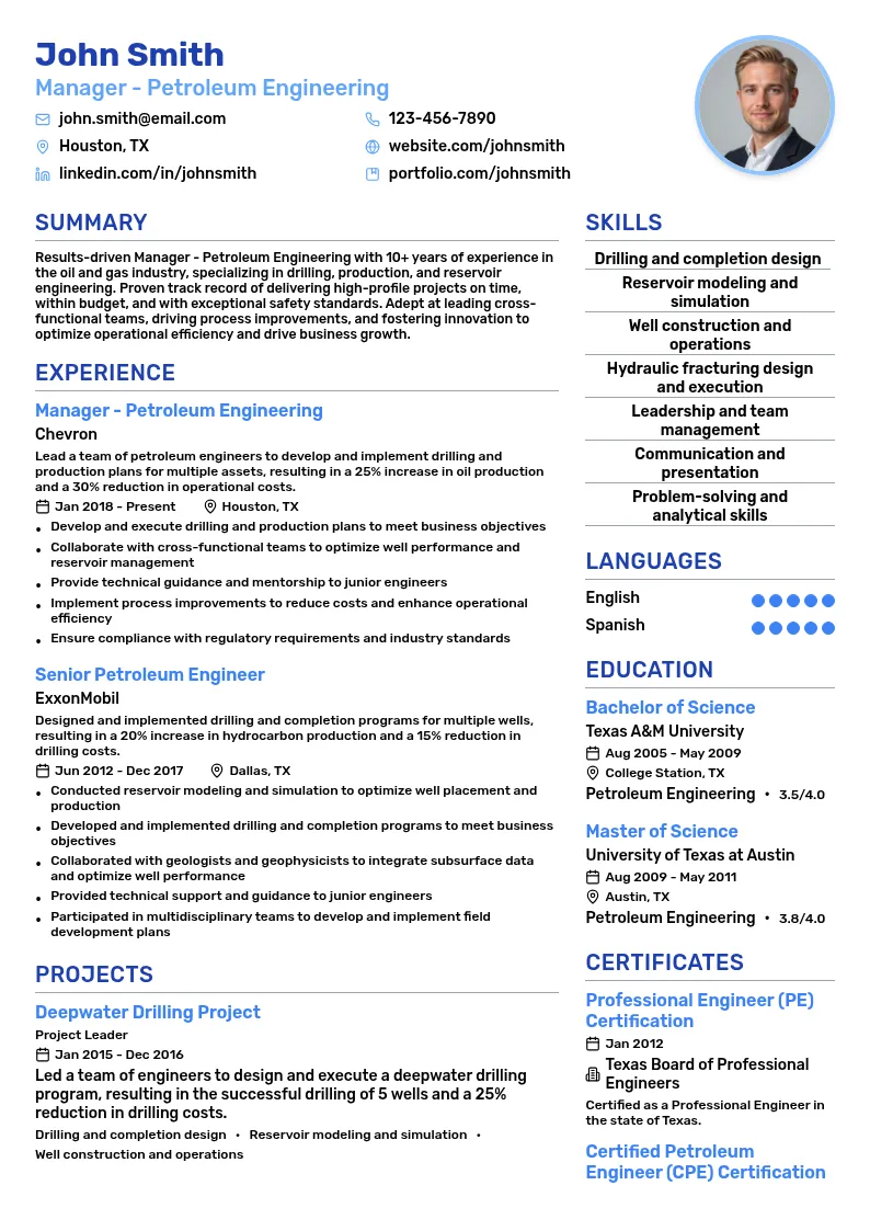 Manager - Petroleum Engineering resume example
