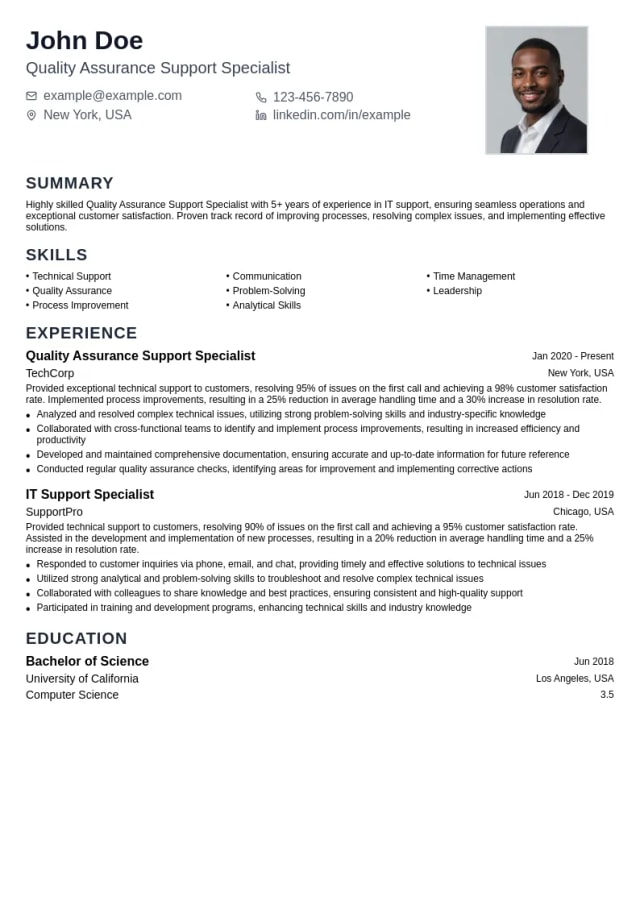 Quality Assurance Support Specialist resume example
