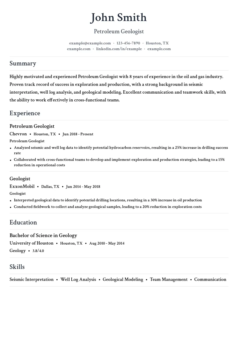 Petroleum Geologist resume example