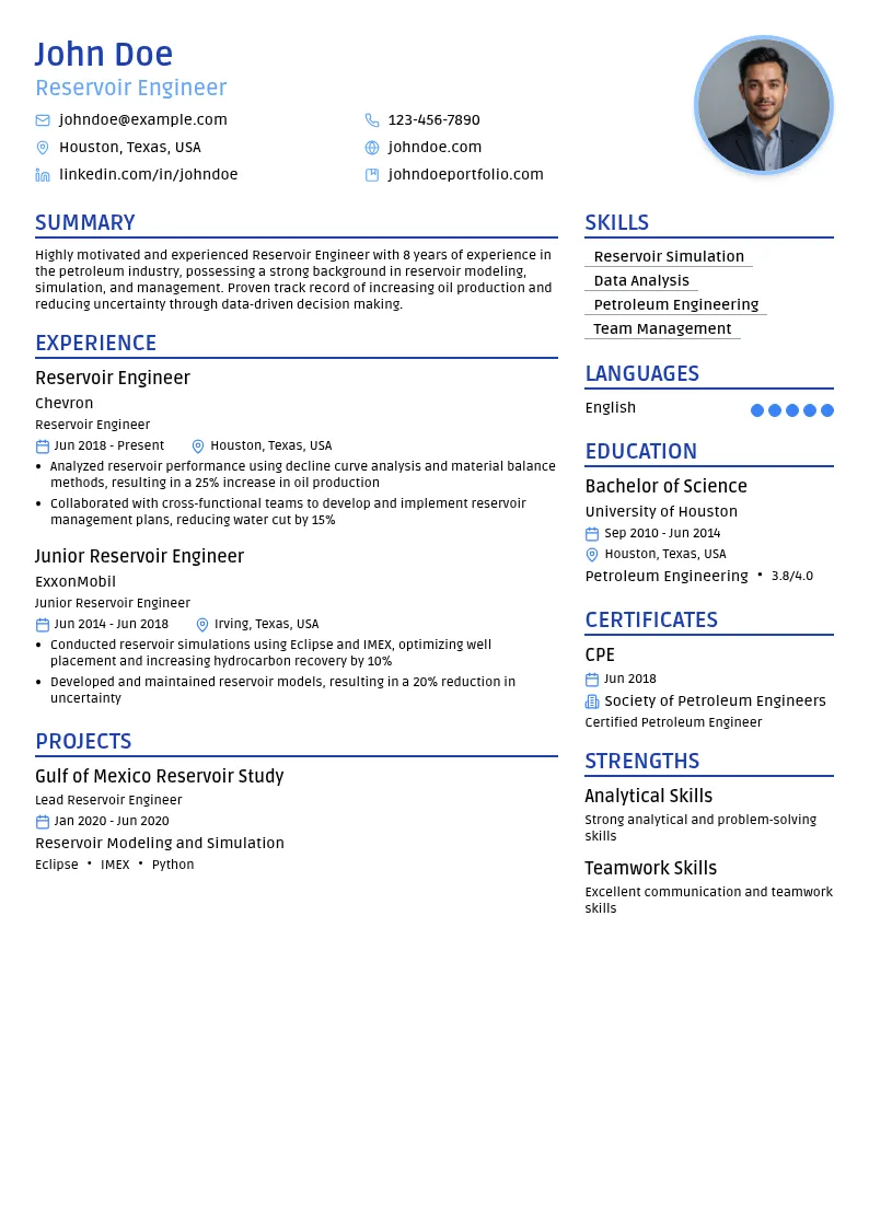 Reservoir Engineer resume example