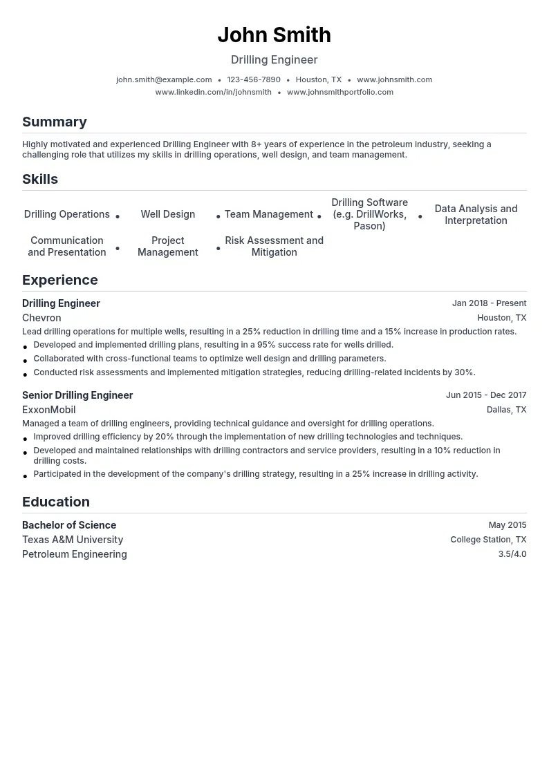 Drilling Engineer resume example