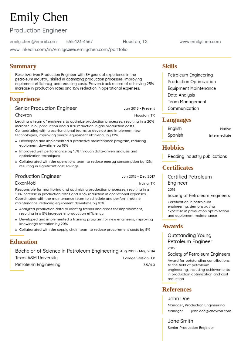 Production Engineer resume example