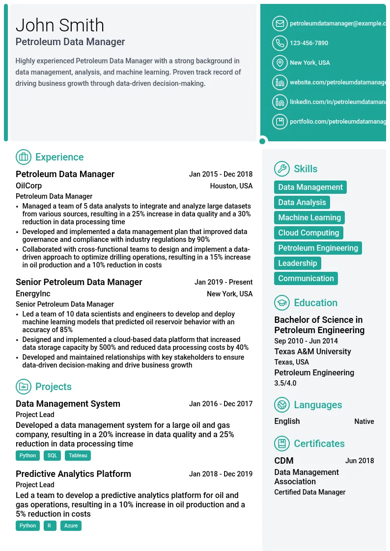 Petroleum Data Manager resume example
