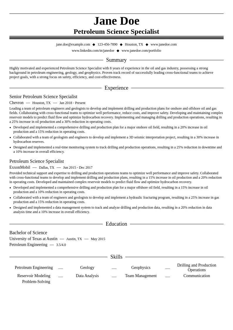 Petroleum Science Specialist resume example