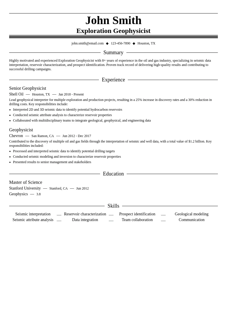 Exploration Geophysicist resume example