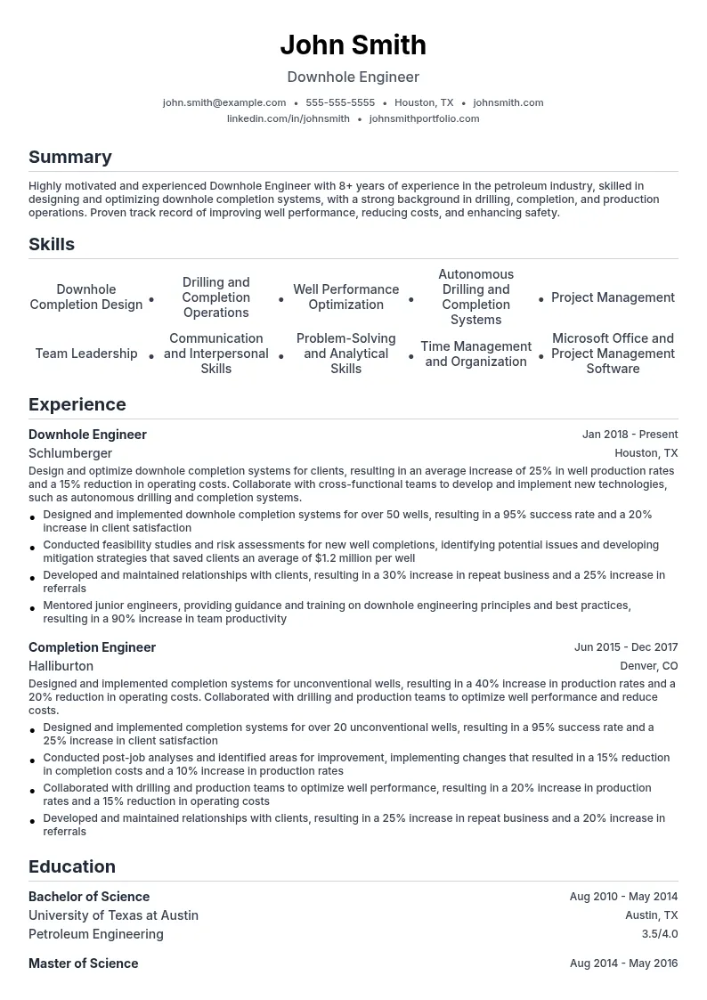 Downhole Engineer resume example