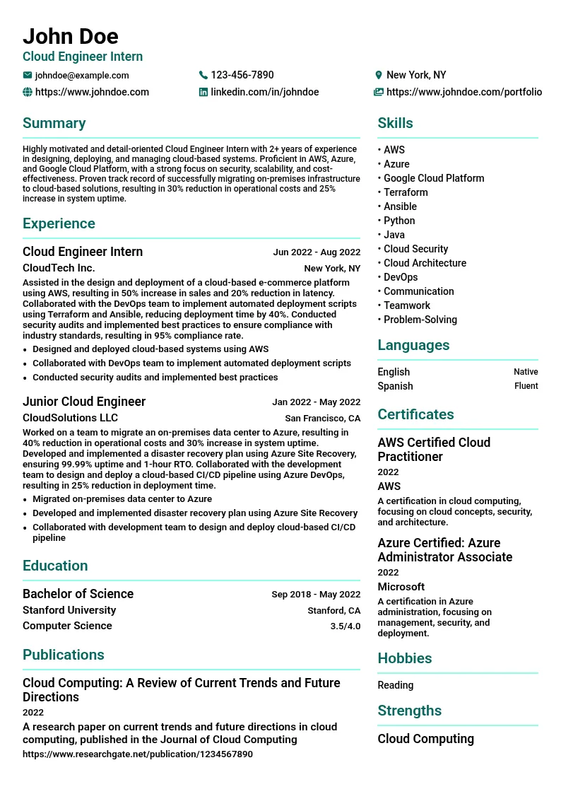 Cloud Engineer Intern resume example