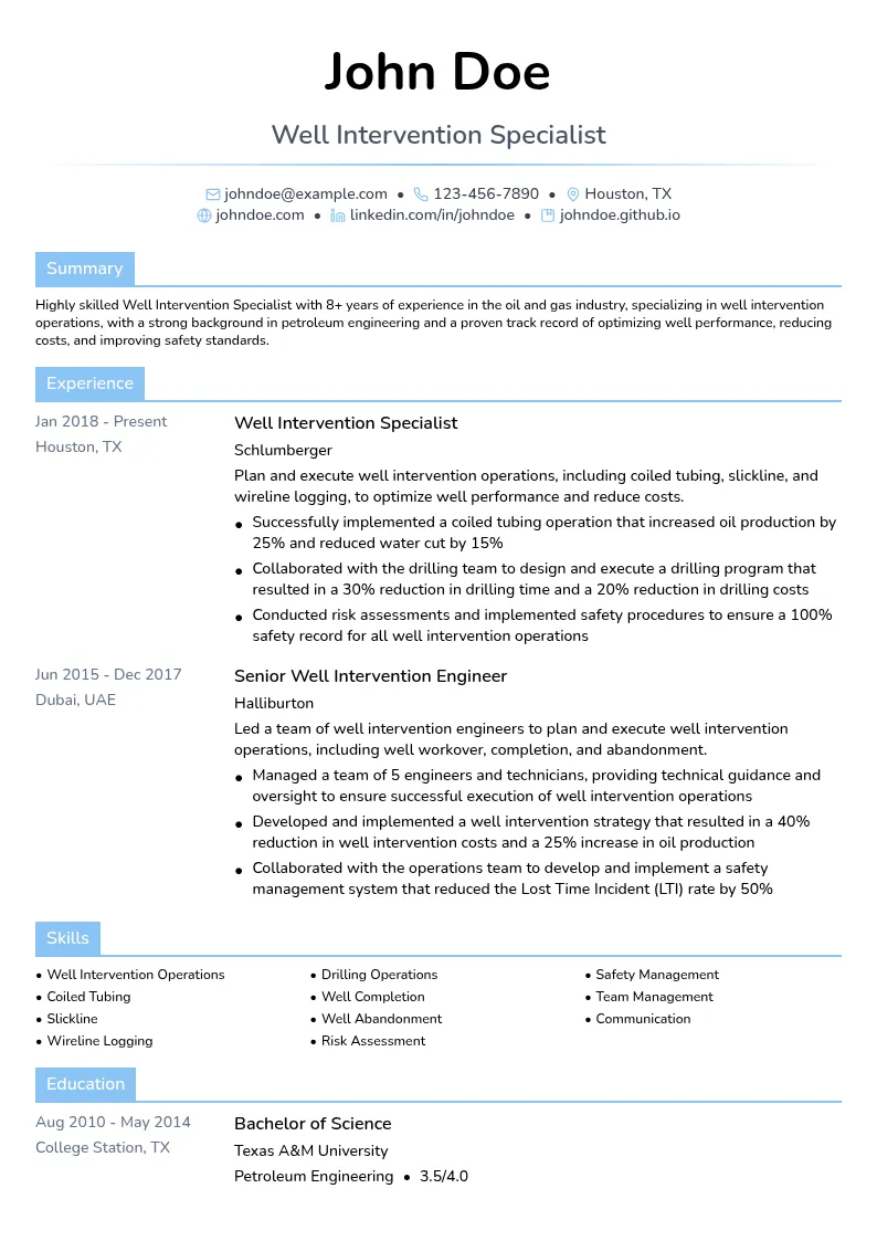 Well Intervention Specialist resume example