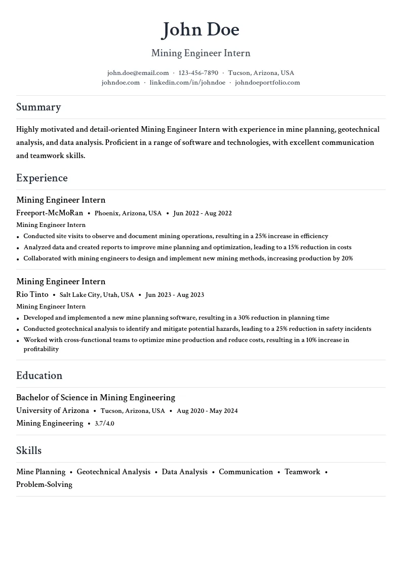 Mining Engineer Intern resume example