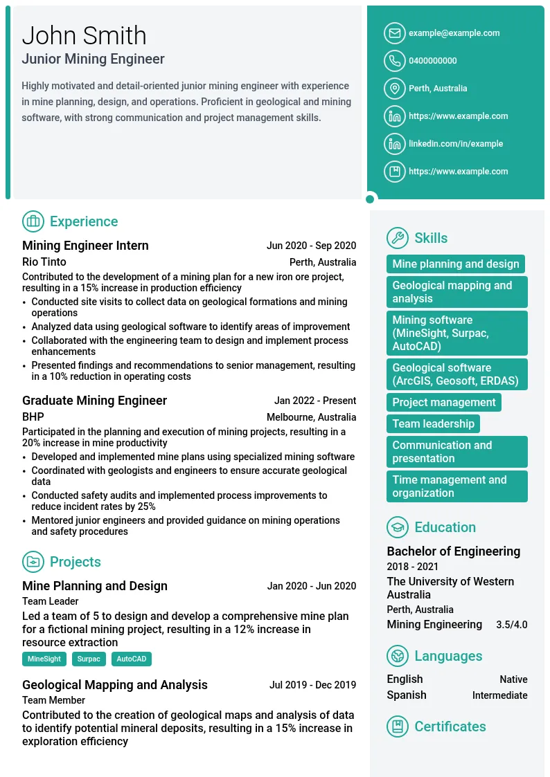Junior Mining Engineer resume example