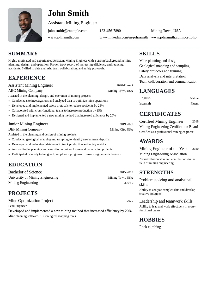 Assistant Mining Engineer resume example