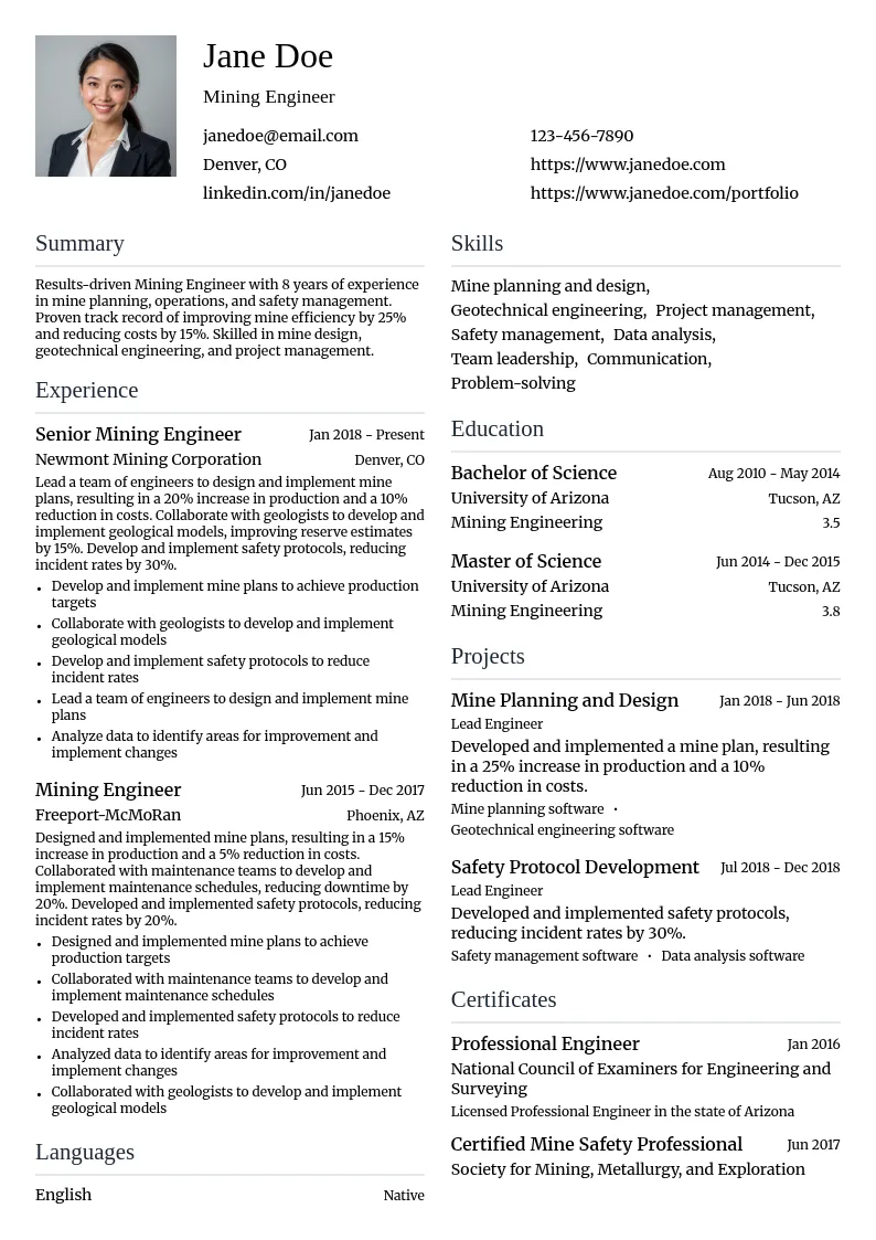 Mining Engineer resume example