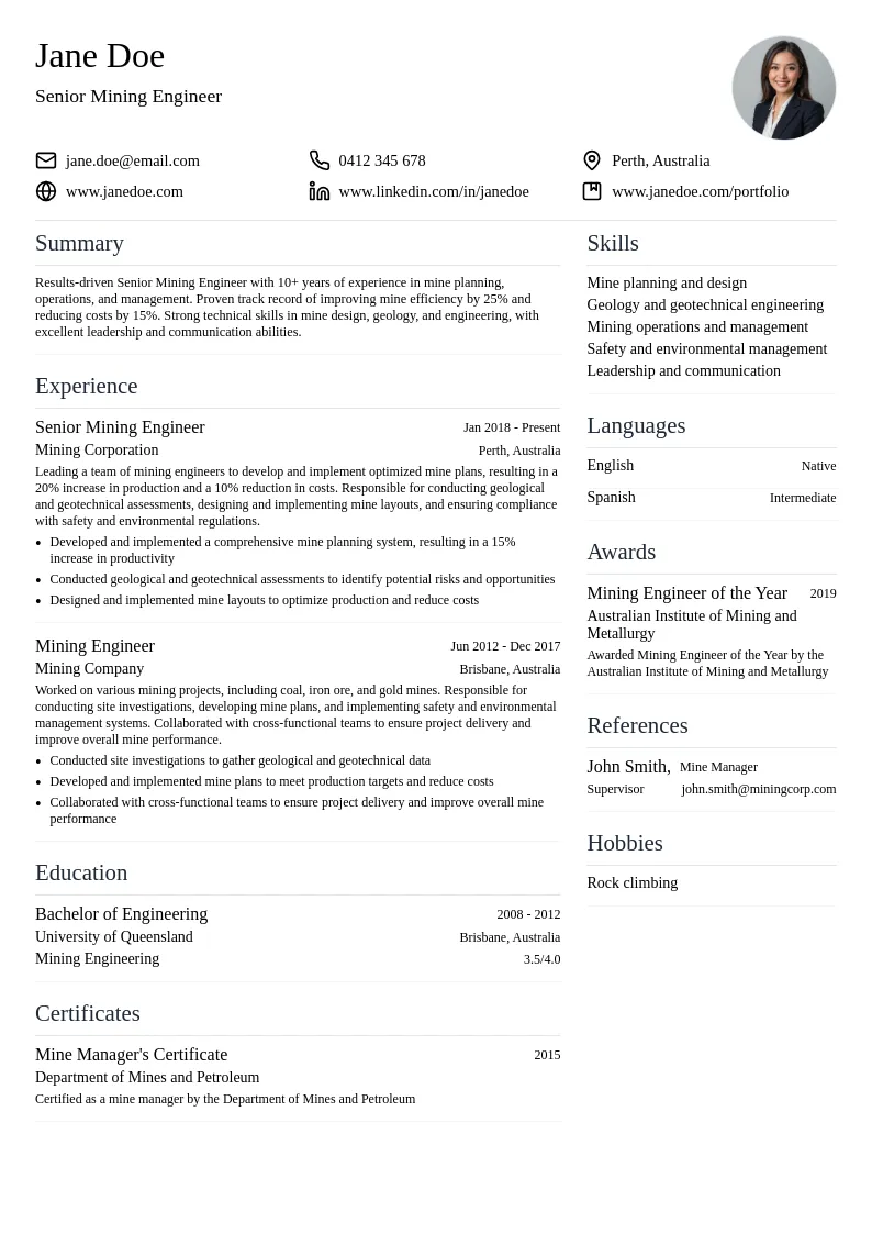 Senior Mining Engineer resume example