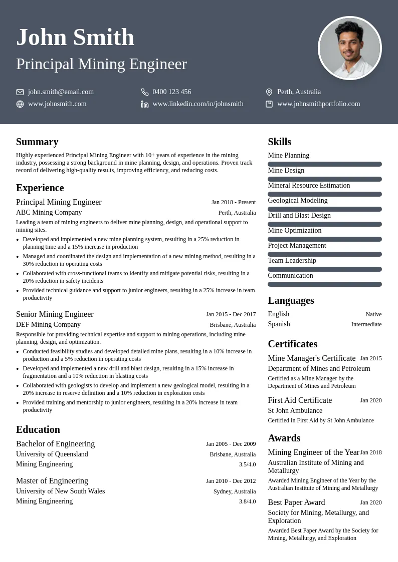 Principal Mining Engineer resume example
