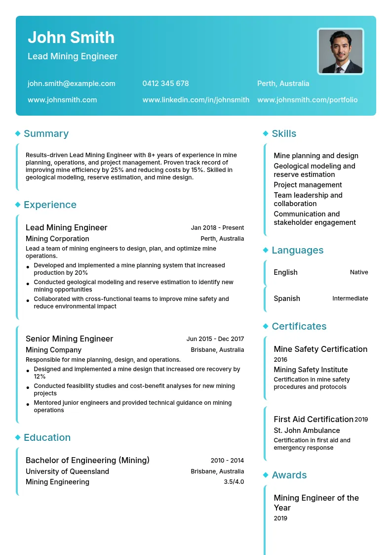 Lead Mining Engineer resume example