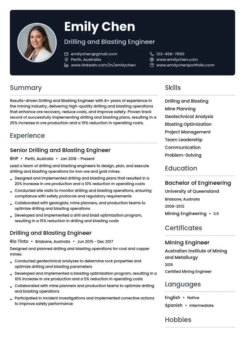 Drilling and Blasting Engineer resume example