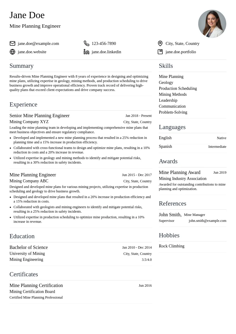 Mine Planning Engineer resume example