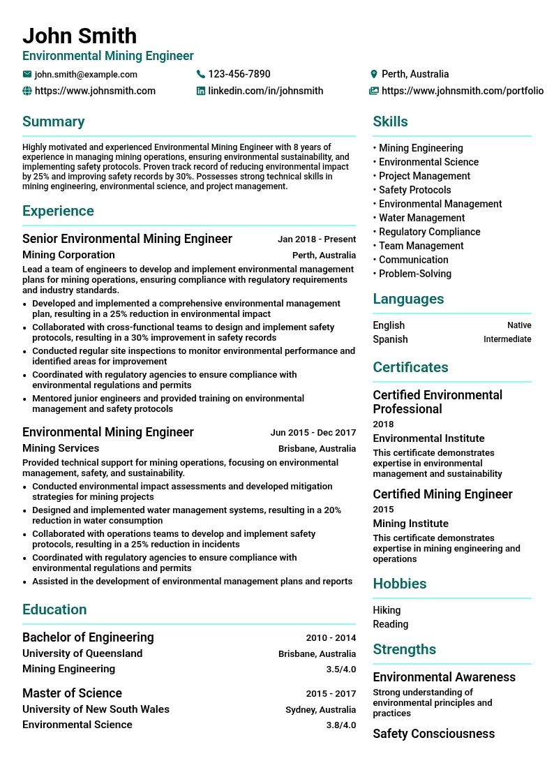 Environmental Mining Engineer resume example
