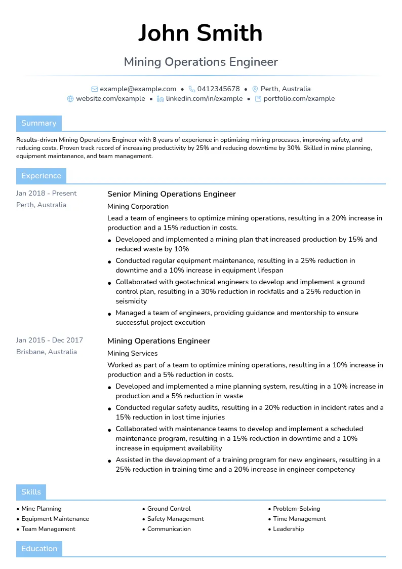 Mining Operations Engineer resume example