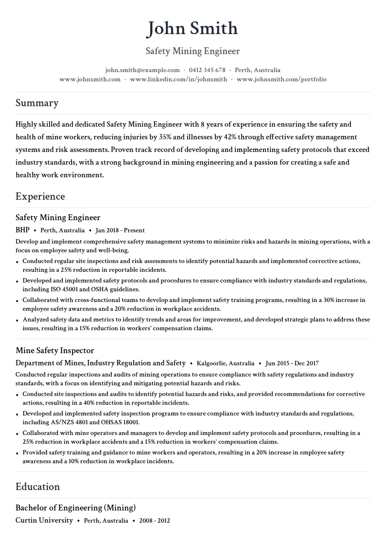 Safety Mining Engineer resume example