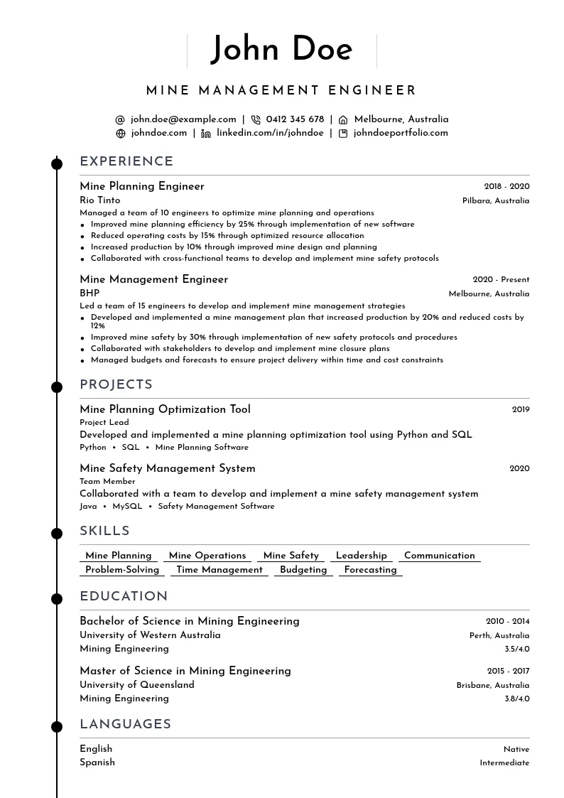 Mine Management Engineer resume example