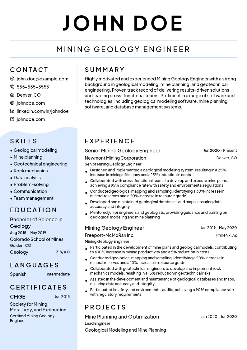 Mining Geology Engineer resume example