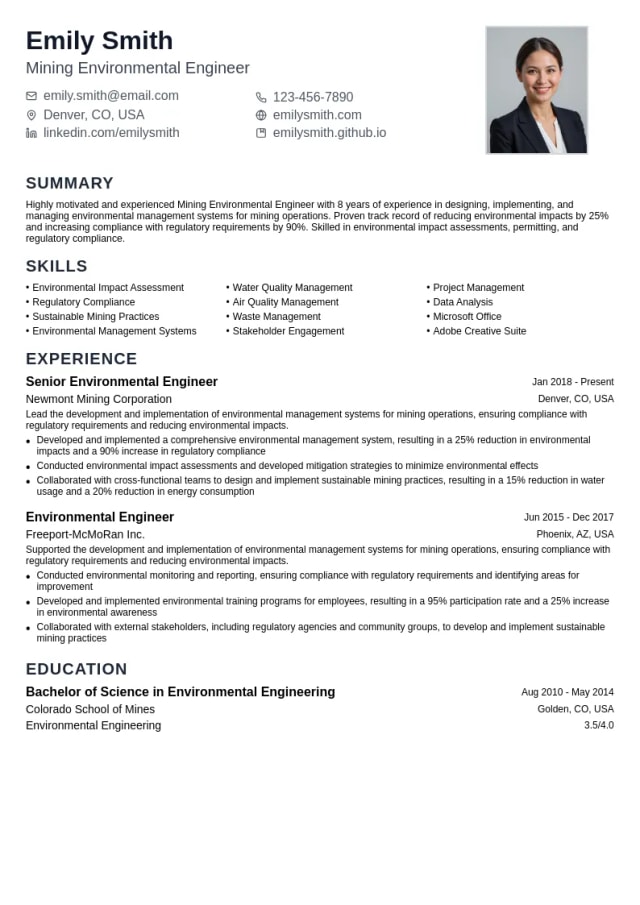 Mining Environmental Engineer resume example