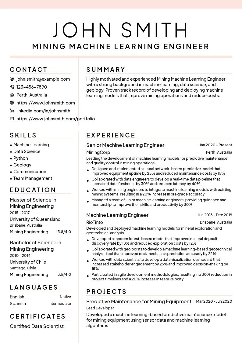 Mining Machine Learning Engineer resume example